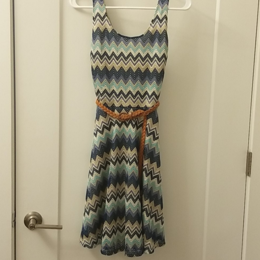 Geometric fit & flare dress with belt